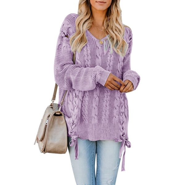 Yskkt Women's Pullover Sweaters Plus Size Cable Knit V Neck Lace Up Long Sleeve Fall Jumper