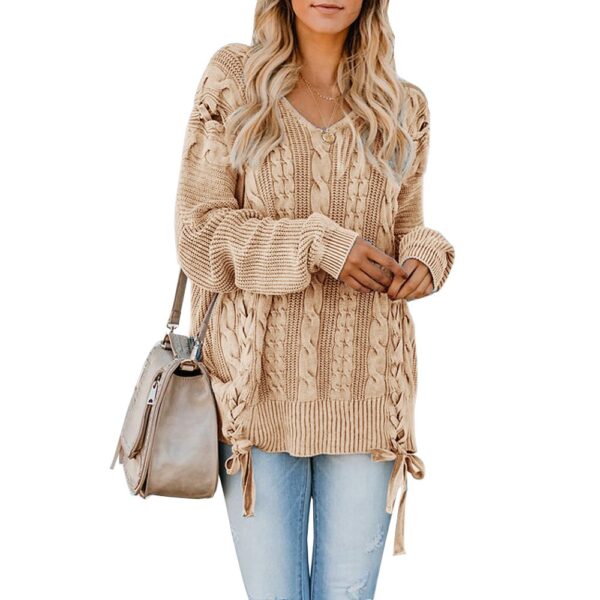 Yskkt Women's Pullover Sweaters Plus Size Cable Knit V Neck Lace Up Long Sleeve Fall Jumper