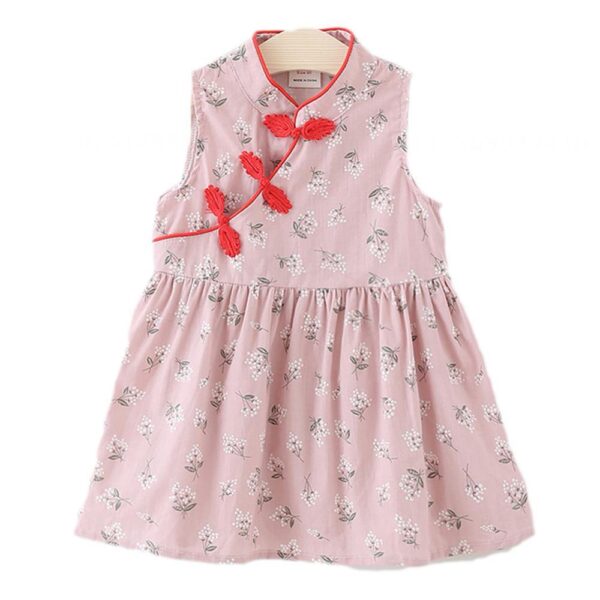 Girls Skirt Cotton National Style Cheongsam Sleeveless Printing Dress Casual Entertainment