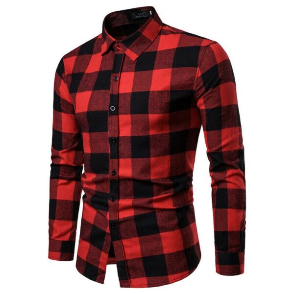 Wassery Men Casual Plaid Shirts Flannel Red Checkered Shirts Male Long Sleeve