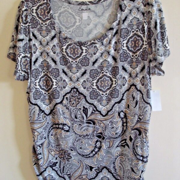 Simply Emma Plus Size Women's Plus Ruched T-Shirt - Paisley, Size: 1XL, Black