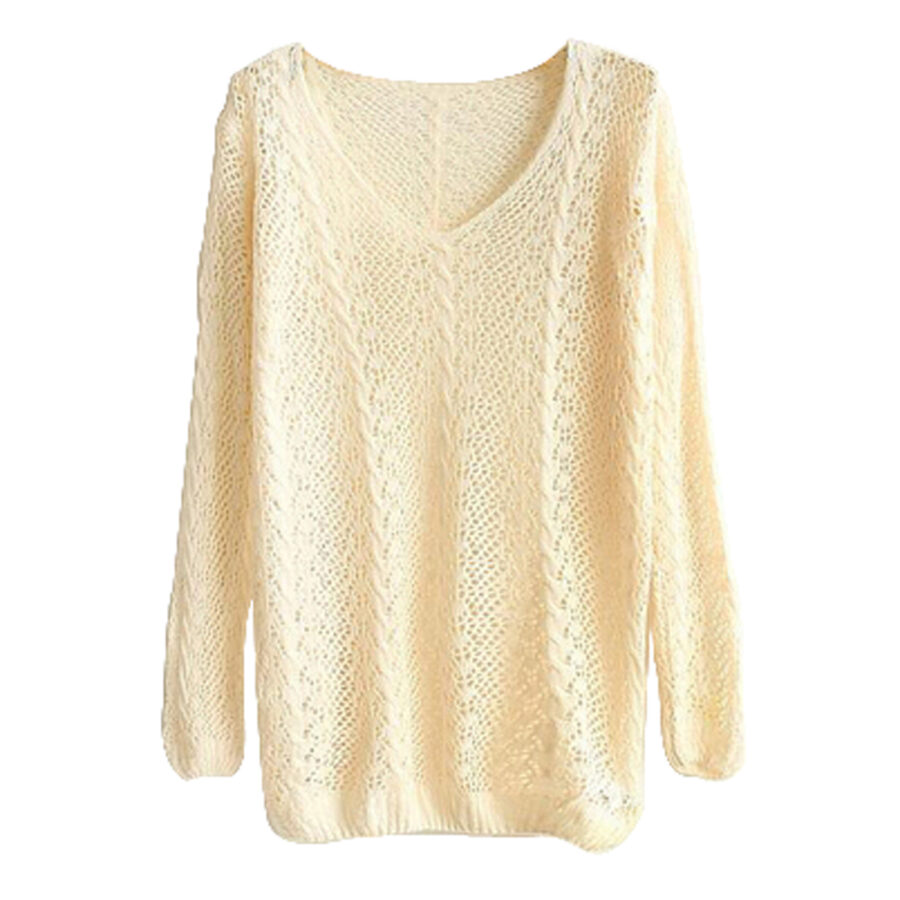 Small Twist V-neck Hollow Smock Women Sweater Beige F1m8